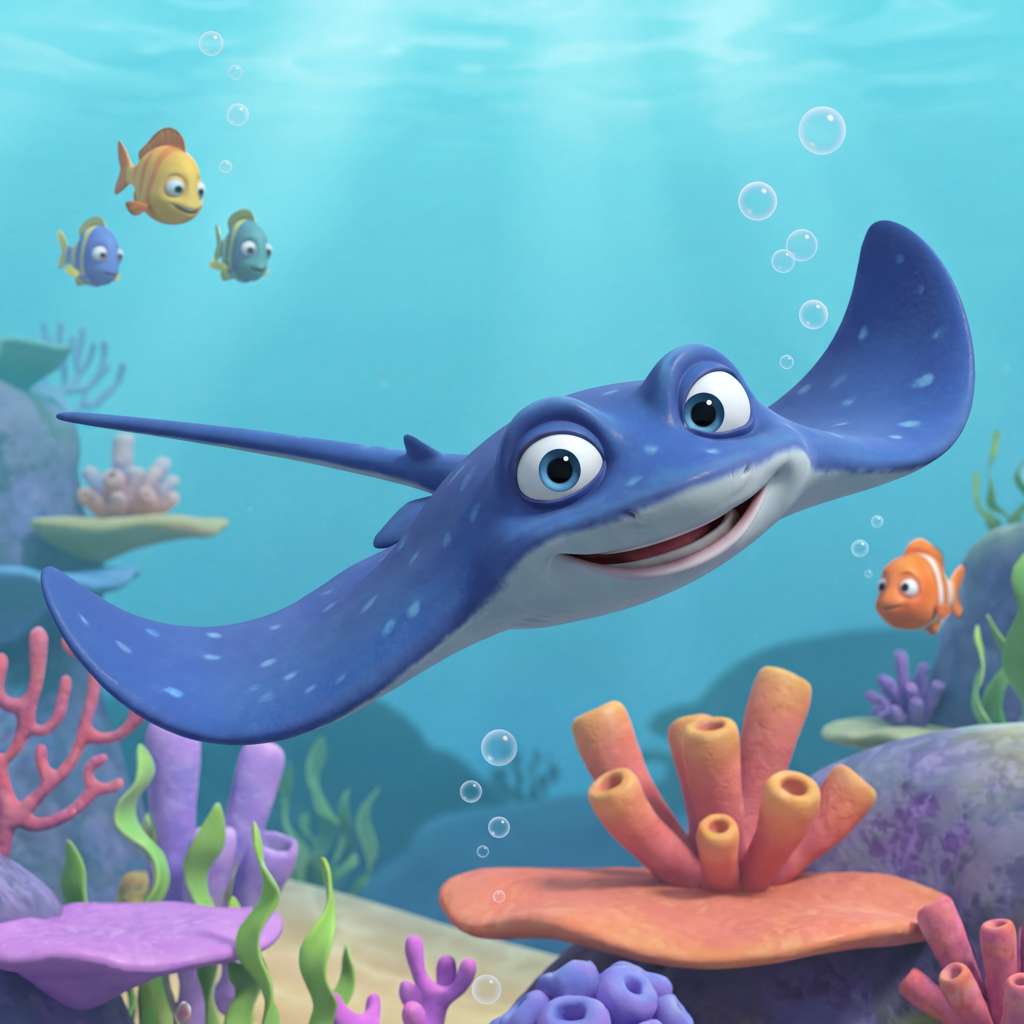 Ray the stingray mascot swimming through coral with fish friends